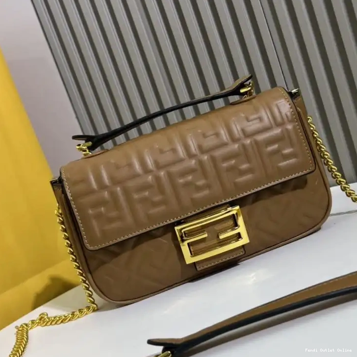 Affordable Fendi Chain Bag Nappa In Midi Brown Baguette FF Leather Motif 0607